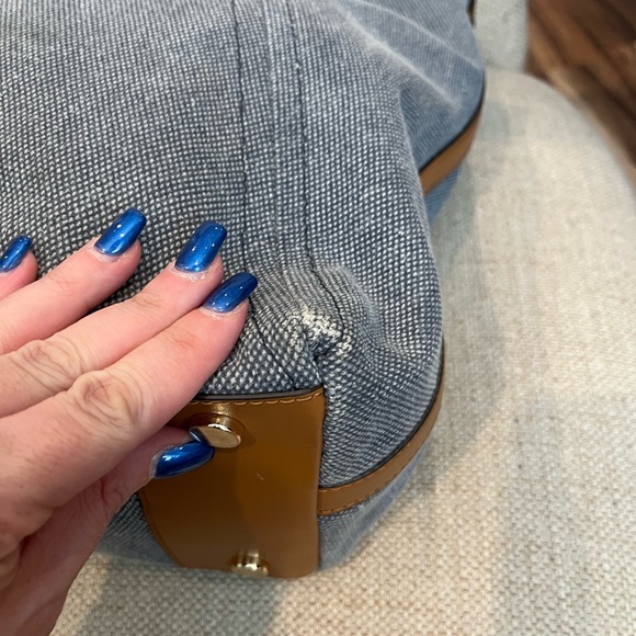 Michael Kors Blue Canvas Woven Ring Handle Isla Tote EUC - Picture 6 of 12